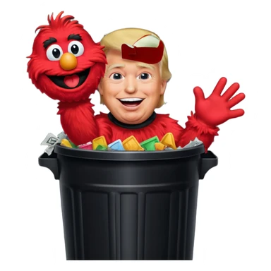 trump laughing while stuffing elmo in trash can sticker