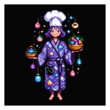 Portrait of a surreal baker floating among stars, wearing a galaxy-patterned robe, holding stardust ingredients, skeuomorphism style sticker
