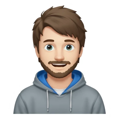 25 year old man, short scruffy beard and thin moustache, brown puffy mullet, blue eyes, big smile, white teeth, big lips, pronounced jaw, hair longer in back, sticking up on top, thin face, grey hooded sweatshirt, pale skin, big smile, blue eyes, puffy hair sticker