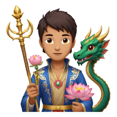 man with asian dragon, scepter, buddhism, lotus sticker