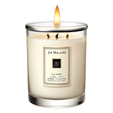 Elegant Jo Malone luxury candle in a clear glass jar with a simple label and a burning flame sticker