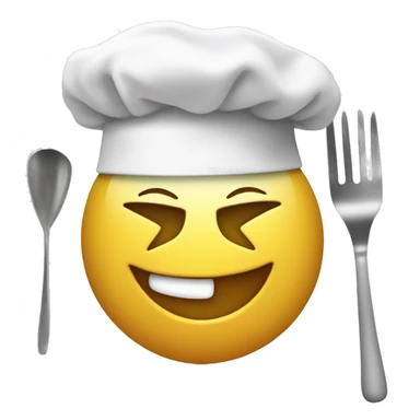 Create a Smiley face with one eye blinking, add a chef's white hat on its head, make the hat big enough, and show two hands where in one hand it is holding a spatula and mixing something in a bowl which is being held in its second hand. sticker