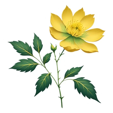 Japanese style Fukujuso (Adonis amurensis) flower in ukiyo-e inspired design, bright golden-yellow petals, green feathery leaves, traditional composition on subtle rice paper texture sticker