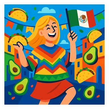 festive Cinco de Mayo cartoon of a tall blonde woman, smiling, wearing a colorful poncho, holding a taco and an avocado, waving a Mexico flag, dancing in the street, surrounded by tacos and avocados, lively street party background, bright and bold colors sticker