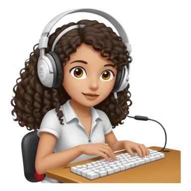 Spanish girl with long dark curly hair, wearing a white gaming headset and playing on keyboard with a gaming mouse in one hand sticker