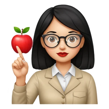 Guatemalan Girl with Black hair and Nerdy Glasses sticking up pointer finger, holding an apple sticker