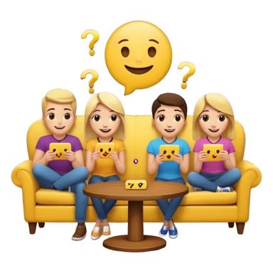 group of friends on couch playing a trivia game couch should be deep dark yellow color.  include a small wooden table in front of the couch as well.  Add 1 smiling face emoji and 2 question marks above their heads sticker