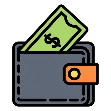 black wallet with one single dollar bill inside, just one dollar sticker