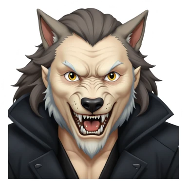 Fenrir Greyback in harry potter, black open chest coat, wolf face, pointed ear, bared teeth sticker