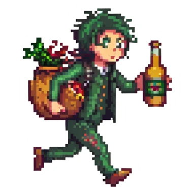 man with emo hair running with a bottle of cider sticker