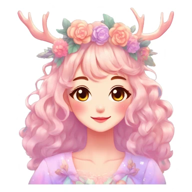 Gorgeous Shiny Colorful Pastel Anime Style Mature Lady with blushing face and pretty hair with a flower crown and antlers pastelcore kawaii cottagecore fairycore aesthetic trending style sticker