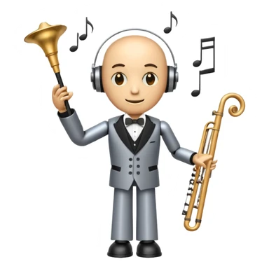 robot a sophisticated and elegant emoji that represents orchestration and arrangement. The design should feature a conductor’s baton, musical notes, and a symphonic score, symbolizing the process of arranging and orchestrating music. Incorporate instruments like a violin, trumpet, sticker