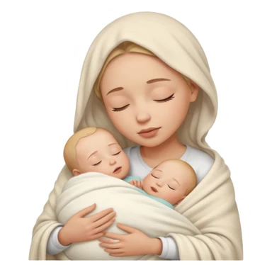a parent cradling a sleeping baby, both faces peaceful, baby wrapped in a blanket, nurturing and warm feeling sticker
