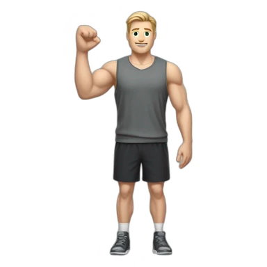 Full height Actively gesturing with hands Pale skinned Fit Man With the biceps and light brown hair with Bristle in dark gray Sleeveless Mike, black oversize sports shorts and white Sneakers sticker