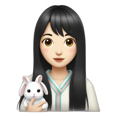 korean girl with long black hair bangs holding white rabbit sticker