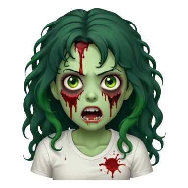 a zombie with long curly black hair volumoso, brown eyes, a white t-shirt and a splash of blood on her t-shirt, mouth open like a zombie, green skin color, not much expression, no drawing on shirt, no hands showing, less blood on her face, less blood, black hair and black eyes sticker