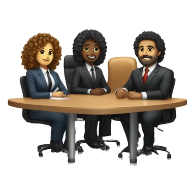 work meeting table 3 men and 4 women sitting on a table wearing suits the women have curly hair and one of the men is fat with a beard and of them is tanned with curly hair sticker