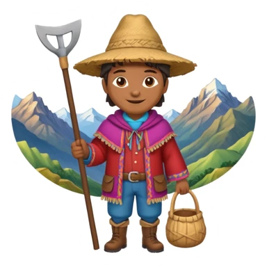 3D emoji style illustration of a Peruvian Andean farmer, wearing traditional chullo hat and poncho, holding a hoe, smiling, mountains in background, bright natural colors, bold outlines, glossy sticker style, transparent background sticker