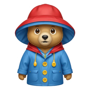 A bear in a red rain hat and a blue raincoat with yellow buttons down the middle sticker