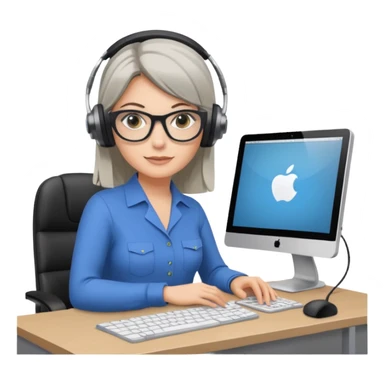 donna bionda occhi azzurri con occhiali grigio/neri, capelli media lunghezza lisci, davanti al pc alla sua scrivania. è una grafica editoriale e redattrice sticker