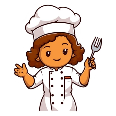 Light brown skinned mixed-race female chef with medium-length curly brown hair, wearing a chef's hat (toque), with both an angel halo and devil horns on her head sticker