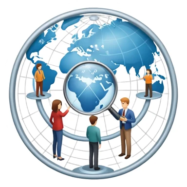 An icon featuring a group of people, a network diagram, and a magnifying glass, symbolizing sociology. The design includes a globe and interconnected lines, representing social structures and relationships. Transparent background highlights the study of societies and human behavior. sticker