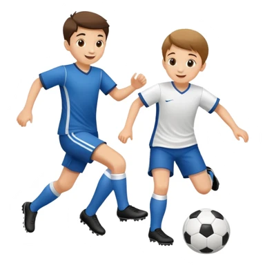two children playing soccer, one kicking the ball, happy and playful sticker