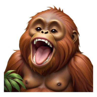 Cinematic Cute Yawning Orangutan Portrait Emoji, Head tilted slightly with a dramatic, wide-open yawn, showcasing a richly textured face with half-closed, sleepy eyes and a relaxed, open expression, Simplified yet irresistibly adorable features, highly detailed, glowing with a soft, cozy jungle glow, high shine, relaxed yet expressive, stylized with a dash of whimsical charm, soft glowing outline, capturing the essence of a drowsy yet affectionate guardian that appears ready to stretch out for a nap! sticker