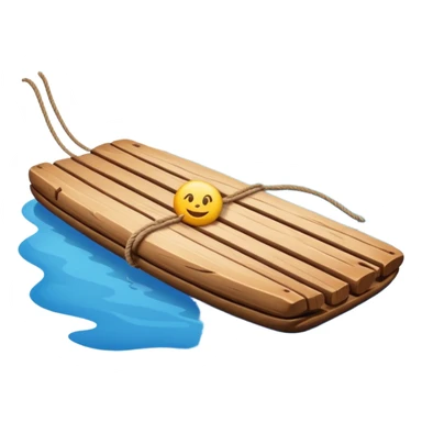 showing a simple wooden raft floating on calm blue water — made of several brown logs tied together with rope — gentle ripples around it — bright, cheerful lighting and soft shadows — minimalist, clean emoji design sticker