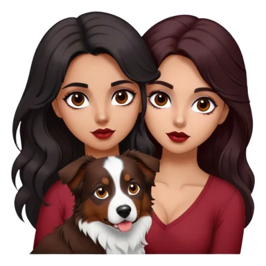 latina girl with long beautiful dark hair and dark eyes in a dark red v neck and makeup with a black brown and white tri Australian shepherd large sticker