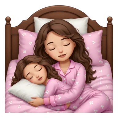 Brunette girl with long wavy brown hair with brown eyes and sleeping on a withe bed with cute pink pjs (just one girl) and with closed eyes sticker