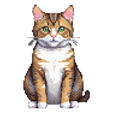 Cute tabby cat with white stomach, pixelated style, sitting to show white belly sticker