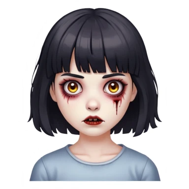 faça uma menina zumbi de cabelo curto ondulado e franja lisa, a franja também é meio curta, cabelo preto  sticker