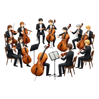 Icon for Classical Music: chamber orchestra with 4-5 musicians playing string instruments (violins, violas, cellos) and a conductor leading the ensemble. The intimate, refined atmosphere. Transparent background. sticker