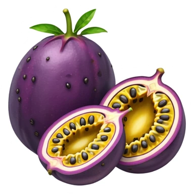 whole round purple passion fruit with slightly wrinkled matte skin next to halved piece showing vibrant yellow pulp with glossy black seeds juicy jelly-like texture bold contrast between rind and interior no leaf spoon or extras soft lighting subtle shadows emoji scale sticker