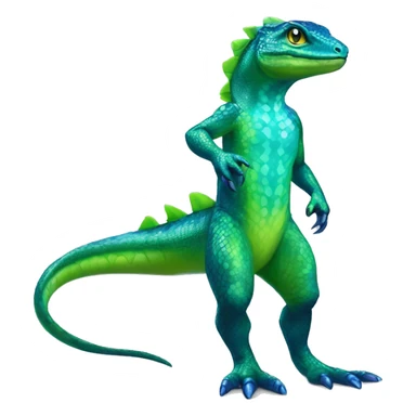A Cyan Shiny Glossy Iridescent Anthro-Scalie-Lizard-Reptile-Salamandrian-Fakémon with dark-blue patterns and light-green belly Full Body sticker