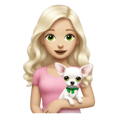 pale blond girl with wavy long platinum hair with green eyes holding a white chihuahua puppy that wearing a pink bow sticker