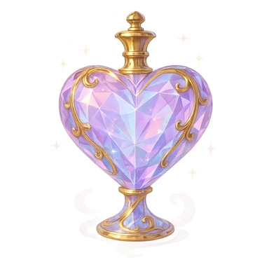 luxurious crystal elixir bottle in heart shape, pastel color gradient, lots of shine, facets, ornaments, golden details, magical effects, very small golden neck, transparent background, beautiful merging base, clearly floating in air, no ground or shadow, premium class impression, design matching crystal luxurious magical bottle collection sticker