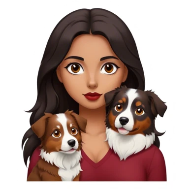 One latina girl with long beautiful dark hair and dark eyes in a dark red v neck and makeup with a black little brown and white tri Australian shepherd large sticker