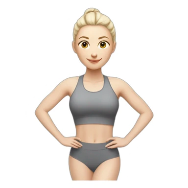 Pale skinned fit woman In a gray tight yoga suit With ash blonde hair in a ponytail doing yoga sticker