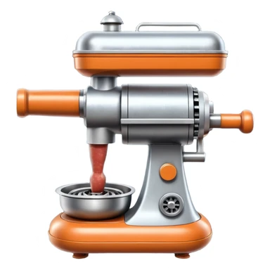 sausage-processing droid. retro-futuristic style. top is a circular industrial meat grinder with rotating gears and blades. Two robotic arms feed material into grinder. Sausage links extrude from the rear like  factory. The body is metallic, compact, and floats above the ground.no legs. Dark humor sticker