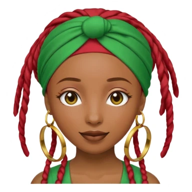 Non-portrait Jayci-vibe emoji, 1024 PNG, transparent. Headwrap (muted R-G-G), hoops, locs hint; soft smile, golden inner glow + faint heart aura. Embed: first-love, roots calm, playful grace, protective joy, consent. sticker