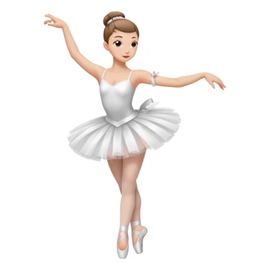 A ballerina dancing with point shoes and in a white tutu with a ribbon on her waist, she has a slick bun and a great posture sticker