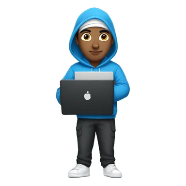 An Indian man in a blue hoodie, black pants with white sneakers carrying a closed laptop in the hand on the side near his waist sticker