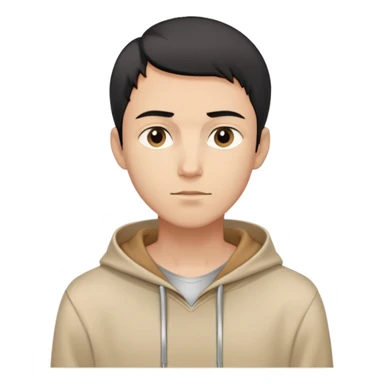 man with short black hair, slender build, light brown hoodie over white inner garment, silver necklace, calm demeanor, gentle expression, looking straight ahead sticker