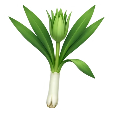 single leek, white stalk to green leaves, open, tidy, layered, fine roots, clean and moist, 3D clean style, transparent background, optimized for emoji size sticker