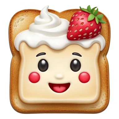 emoji illustration of a square toast topped with fluffy white cream, decorated with a strawberry bow made from two strawberry halves and a small sliced center, bright red and glossy, Clean soft shading, kawaii emoji style, centered object, no plate, no background, high detail, pastel tone sticker