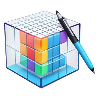 Create an emoji for 3D visualization and modeling. Show a 3D cube or object with grid lines and a modeling tool (e.g., a mouse or stylus). Use modern, professional colors. Do not include any emojis or smiley faces. Make the background transparent. sticker