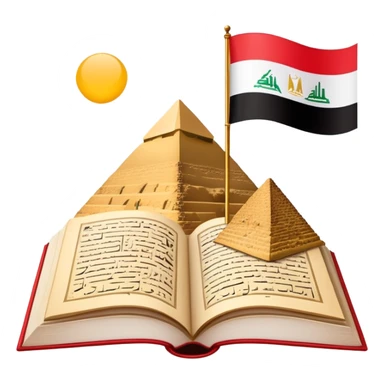 An icon featuring the Pyramids of Giza and the big flag of an Arabic-speaking country, symbolizing the Arabic language. The design includes an open book with Arabic script and calligraphy, representing language learning and cultural heritage. Transparent background sticker