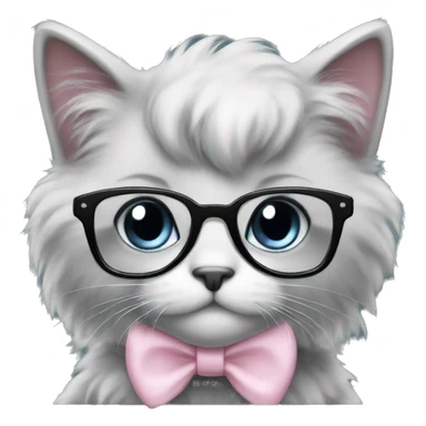 fluffy black kitten nerd with glasses and light pink bow sticker